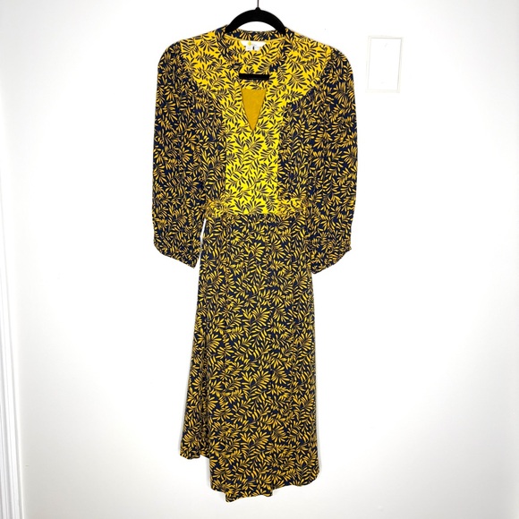 Boden Ariadne Midi Dress Boho Peasant Tie Waist Printed Yellow Navy Blue Size 6 - Picture 6 of 10